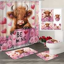 Highland Cow Valentine's Shower Curtain Set - 4PCS Decorative Bathroom Set With Non-Slip Rug, Toilet Lid Cover, and Bath Mat - Romantic Pink Decor