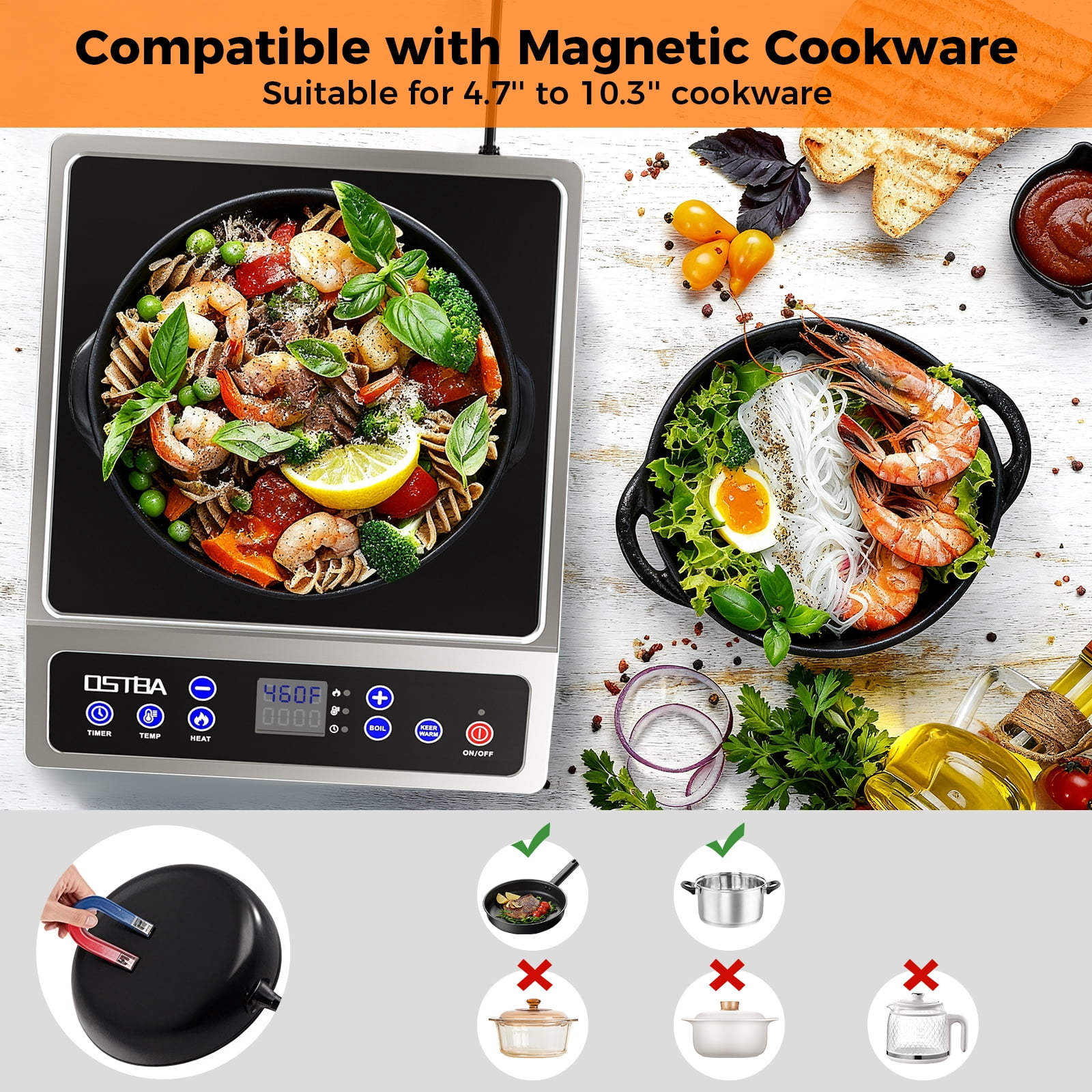 OSTBA 1800W Stainless Steel Induction Cooktop , Professional Commercial Countertop Induction Burner with 10″ Heating Coil, 10 Power Levels, 120–460°F Temp Control, 3-Hour Timer & Keep Warm
