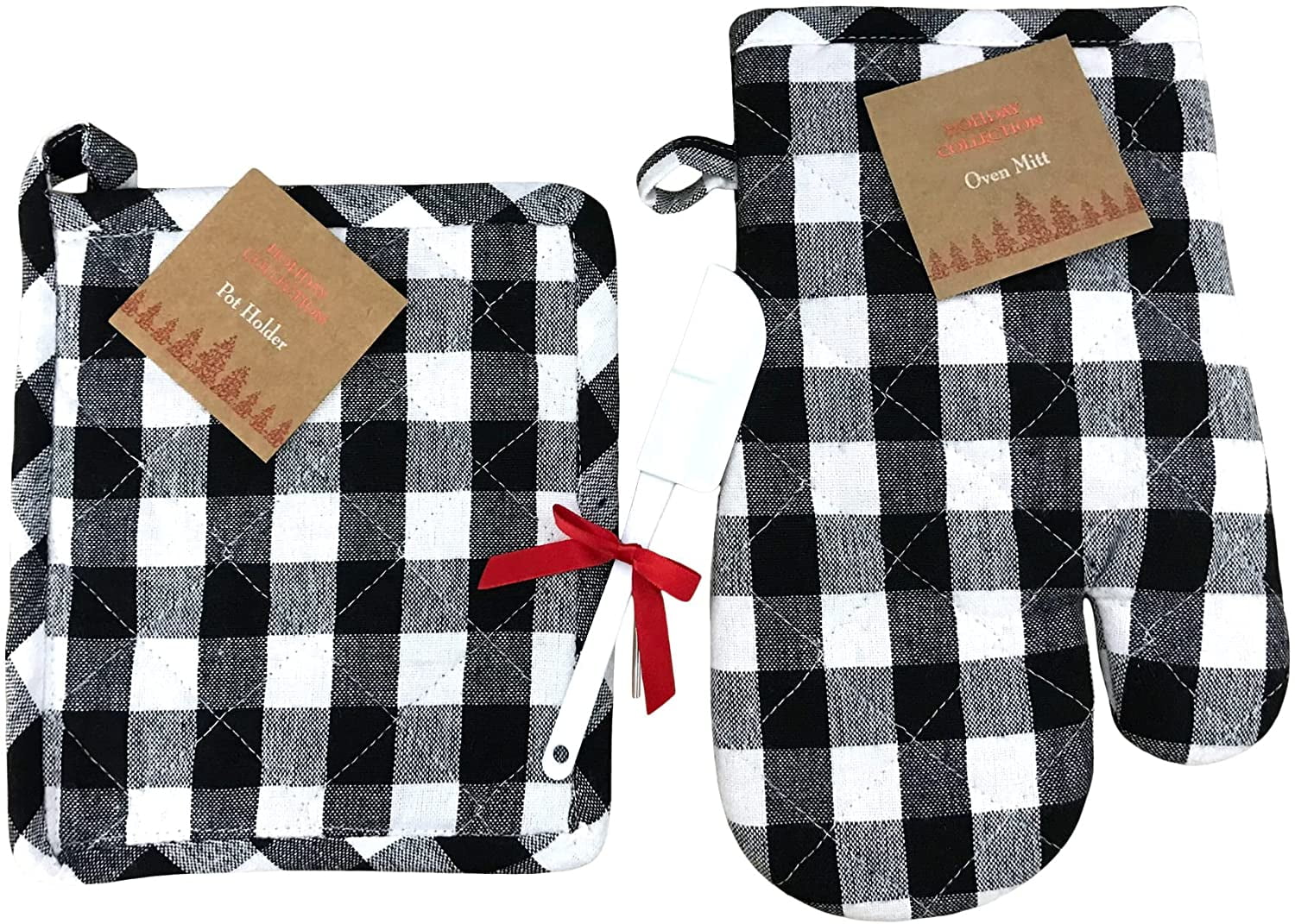 Traditional Holiday Christmas Kitchen Pot Holder Oven Mitt Set: Black White  Checkered Gingham Cotton Flat Weave with Easy Hang Fabric Loops  (Black/White Pot Holders) - Walmart.com