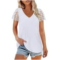 thumbnail image 2 of Summer Fashion Tops for Womens 2025 Plus Size Casual Loose Solid Color V-neck Lace Patchwork Short Sleeved Top, 2 of 9