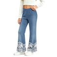 thumbnail image 2 of Qingpeng Girls Flare Pants Elastic Waist Casual Fashion Denim Look Lace Print Stretchy Long Pants for Kids, 2 of 9