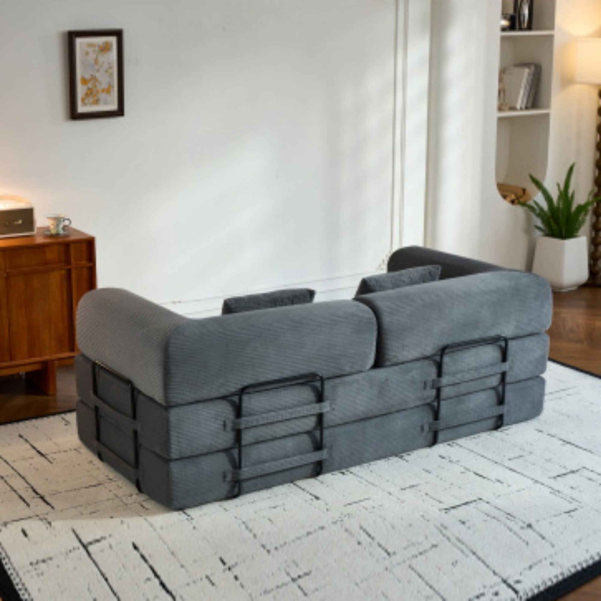 BSHTI 77" Corduroy Convertible Sleeper Sofa Bed with Cylindrical Pillow, No Assembly, Small Space for Living Room（Gray）