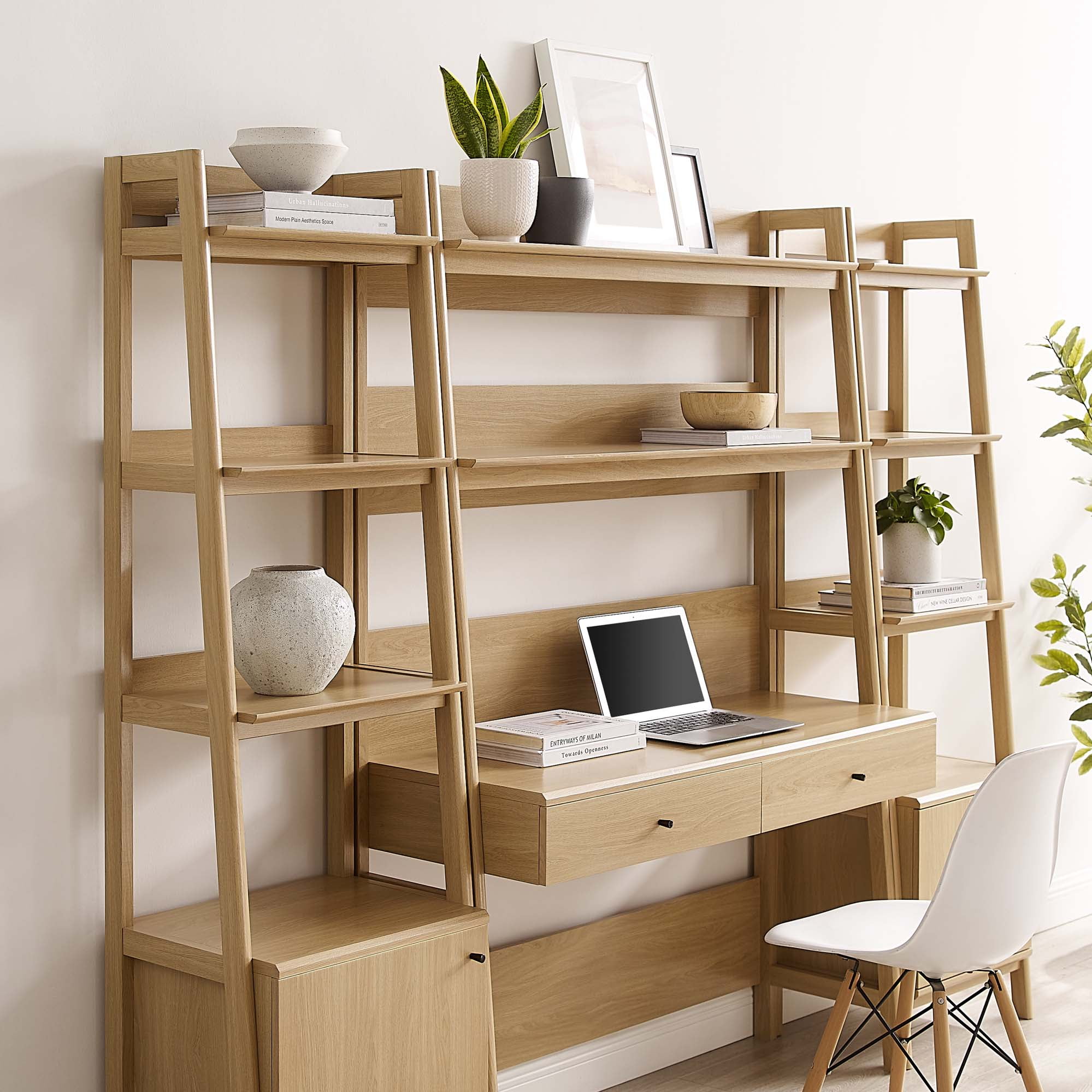 Modway Bixby 3-Piece Wood Office Desk and Bookshelf in Oak