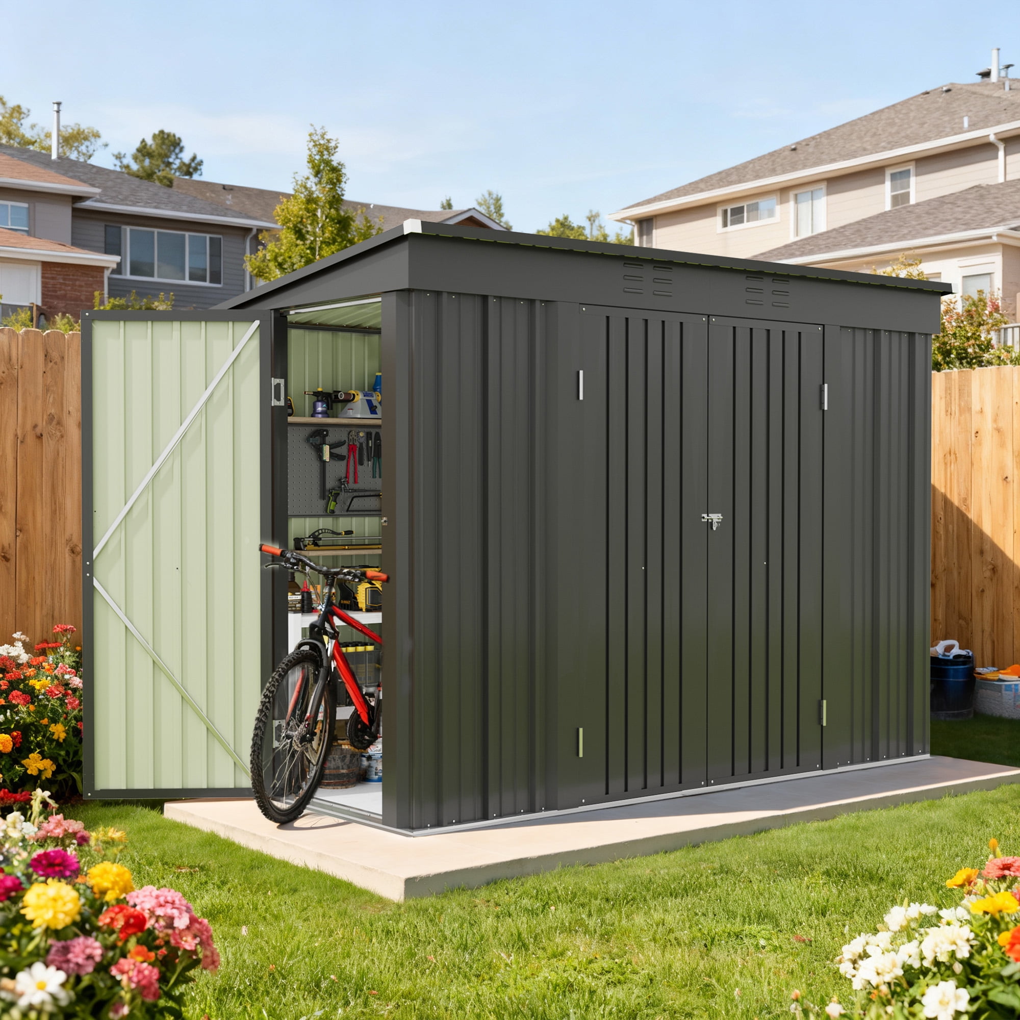 Patiowell 8x4FT Outdoor Metal Storage Shed with 3 Doors, Heavy-Duty Steel Tool Shed, Black Weather-Resistant Utility Cabinet for Garage, Garden