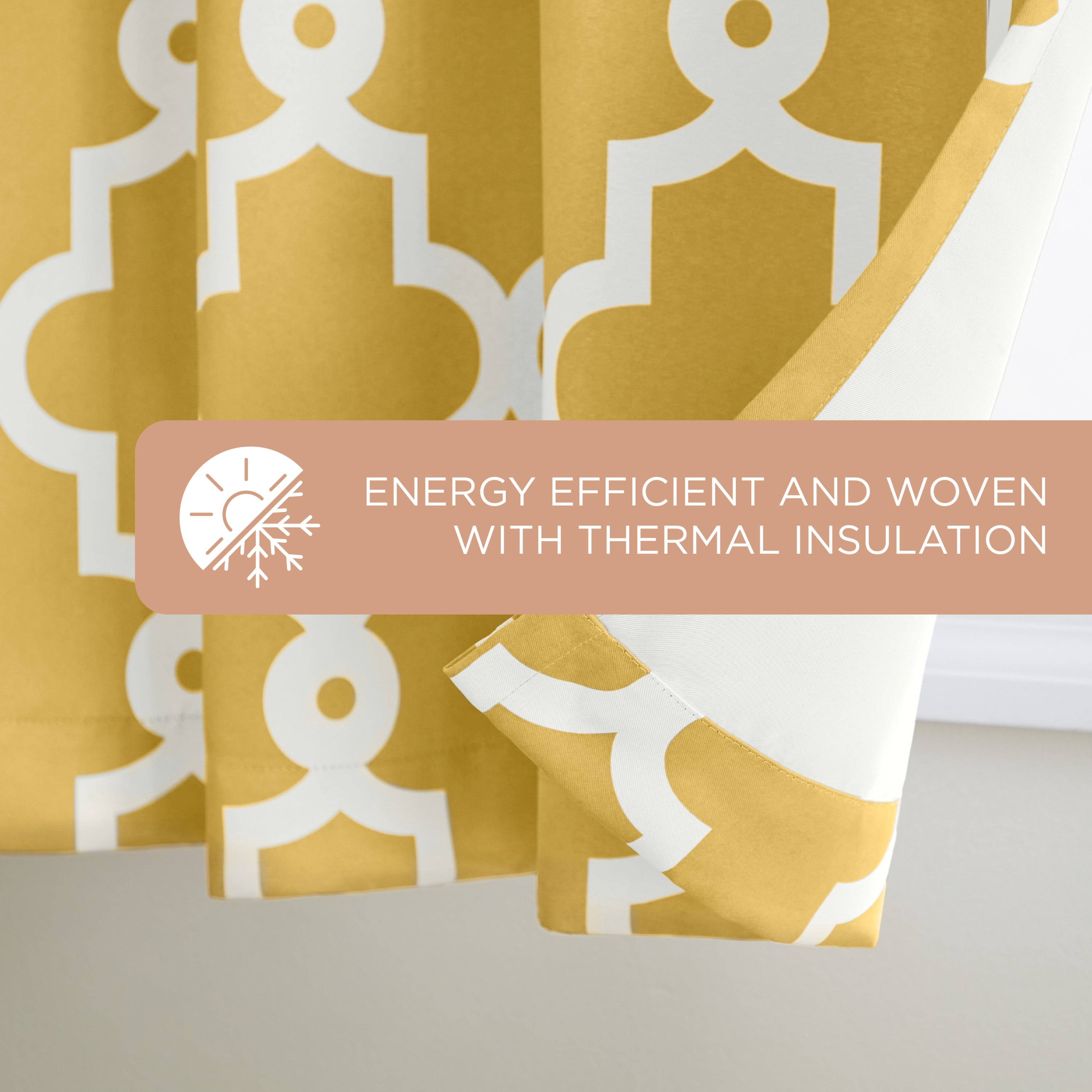 TOWN & COUNTRY EVERYDAY Ironwork Geo Trellis Sateen Indoor Curtains, Room Darkening Blackout, Grommet Top, Energy Efficient, 2-Pack Set, 52"x108", Sundress Yellow