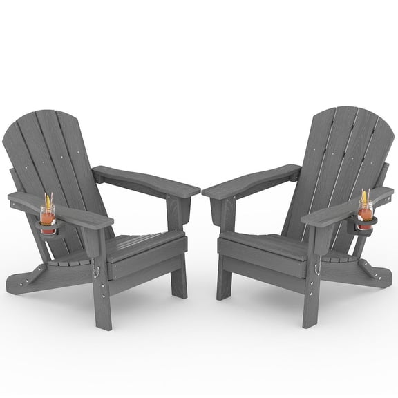 Set of 2 Folding Adirondack Chairs with Cup Holders - HDPE All-Weather Outdoor Patio Chairs, Gray