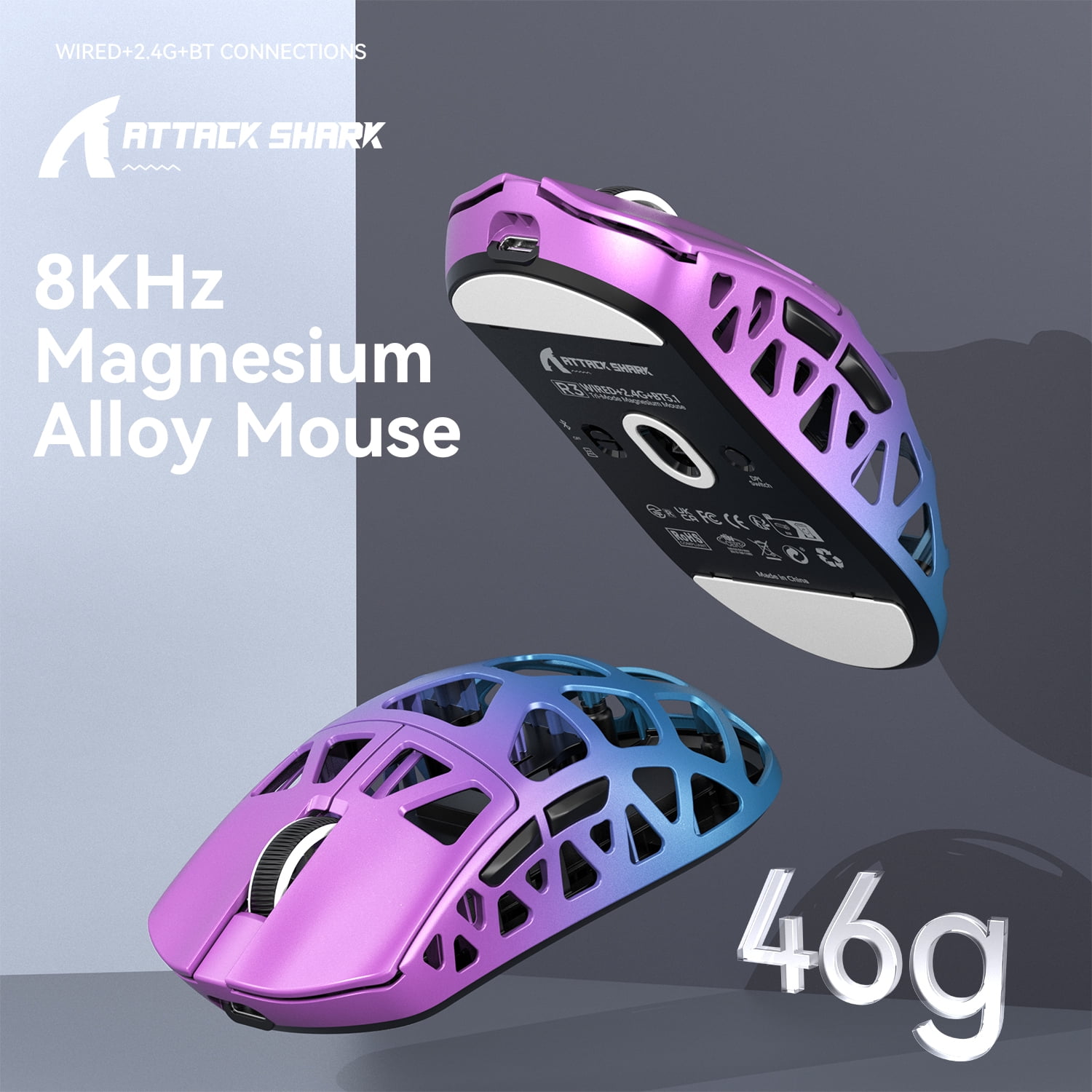 ATTACK SHARK R3 46g Superlight Magnesium Alloy Wireless Gaming Mouse, BT/2.4Ghz/Wired Computer Mouse, 8000Hz Wireless Polling Rate, PAW3395 26K DPI Sensor, Programmable Mice, PC/Laptop/Mac (Purple)