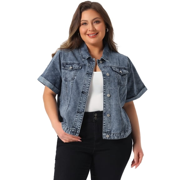 DARING DIVA Women's Plus Size Short Sleeve Lapel Button Denim Jacket 2X Grey Blue