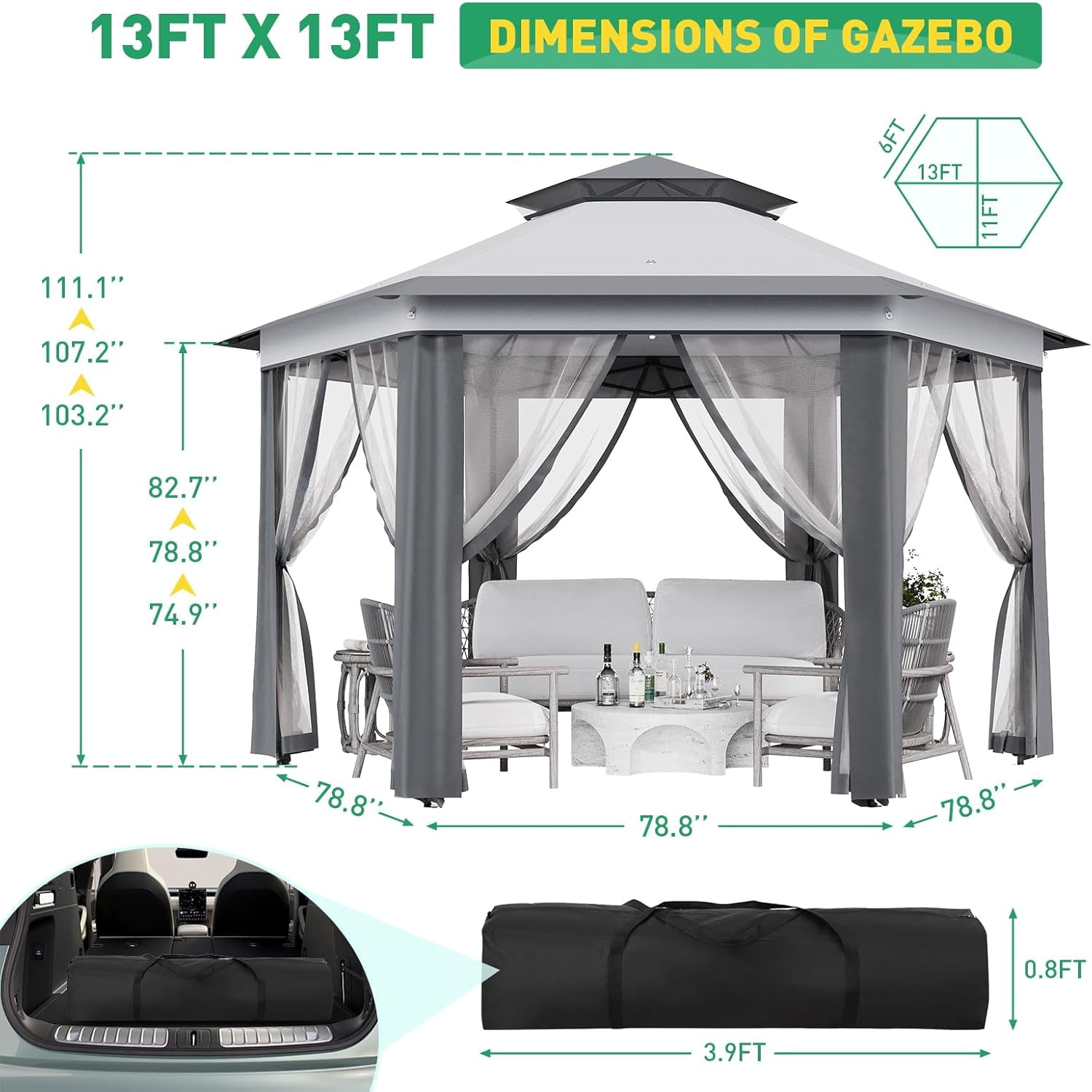Ataucjin6.5 x 6.5ft, 6 Sided Outside Canopy Tent with Mosquito Netting, Small Outdoor Patio Gazebo Tent with Heavy Duty Steel Frame for Backyard Patio Garden Activities