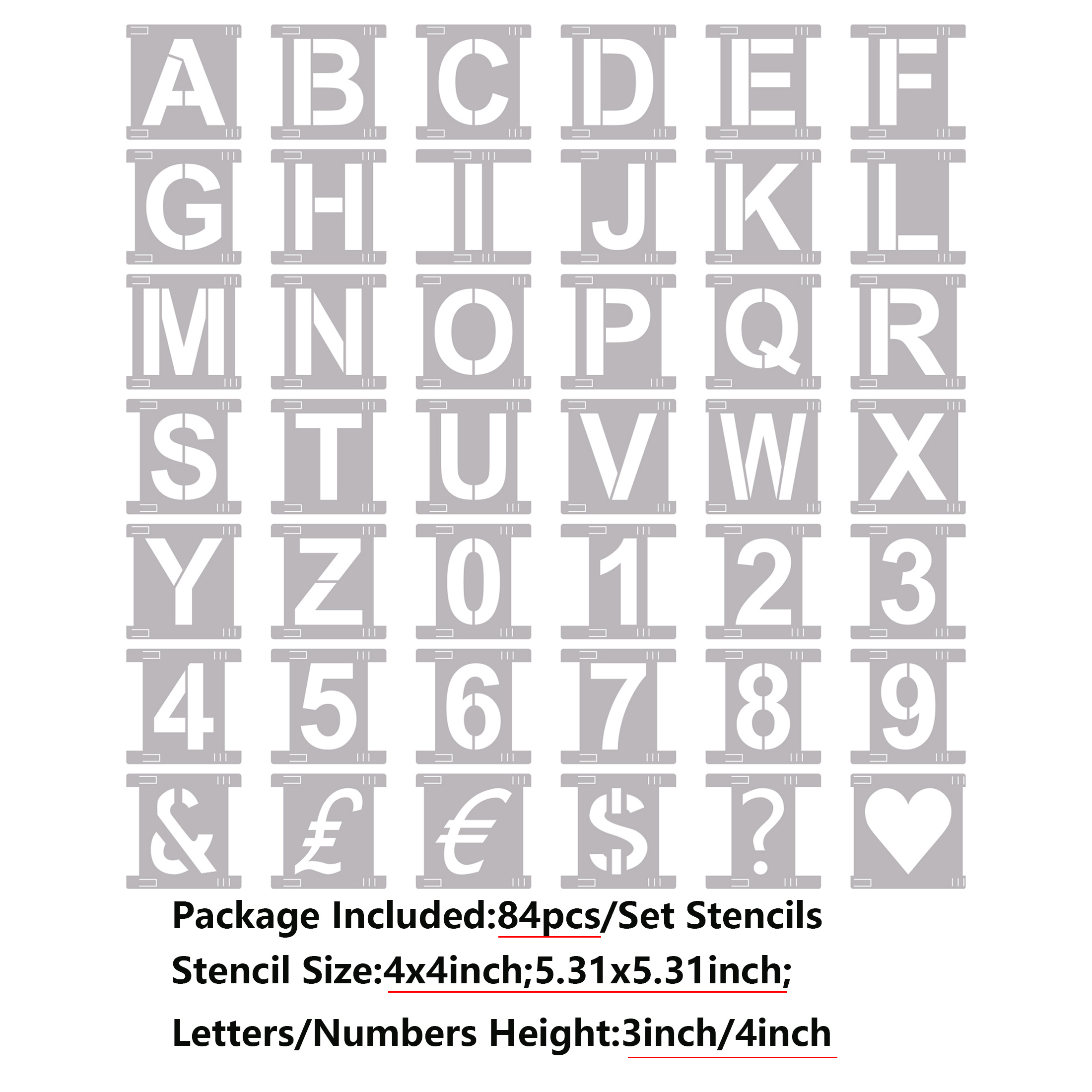 Briartw 3 inch and 4 inch Height Letter Stencils Symbol Numbers Craft  Stencils 84 Pieces Full Set Interlocking Stencil Kit,Reusable Alphabet  Templates for Painting 