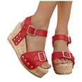 thumbnail image 1 of Sandales Compensées à Semelle en Liège pour Femmes, Mode, Cloutées, Confortables, à Bout Ouvert, Plateforme, Chaussures Habillées avec Boucle à la Cheville, Rouge, Taille 9,5, 1 of 7