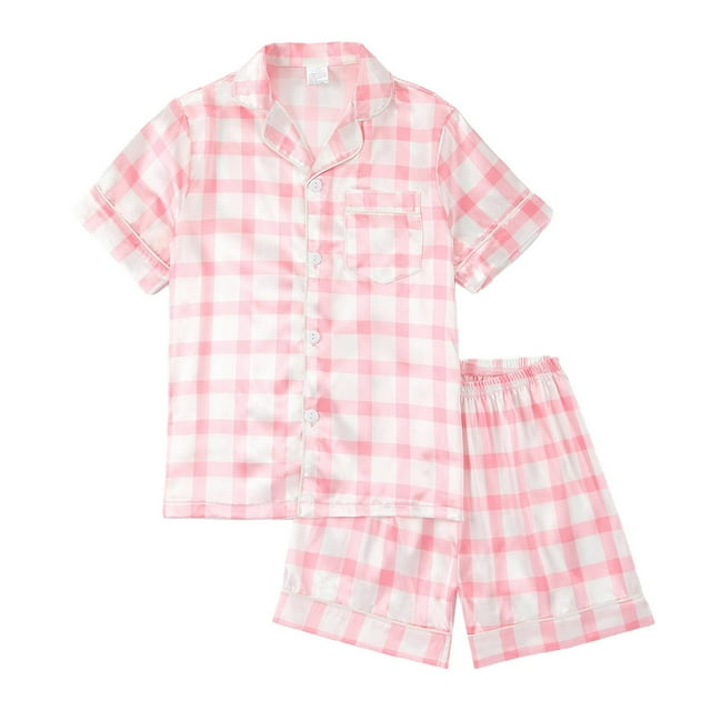 Girls Satin Pajama Short Sleeve Top With Button Front Comfortable Shorts Soft Silk Like Sleepwear Kids
