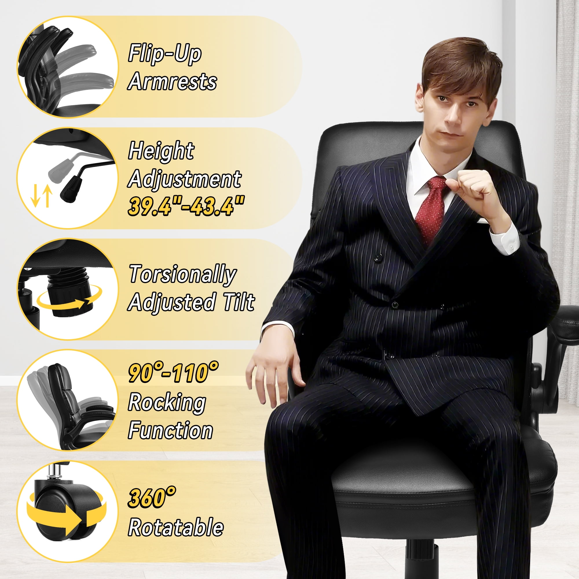 YEEZEE Office Chair with Ergonomic 3-Stage Support and High Back with Armrests,Office and Home