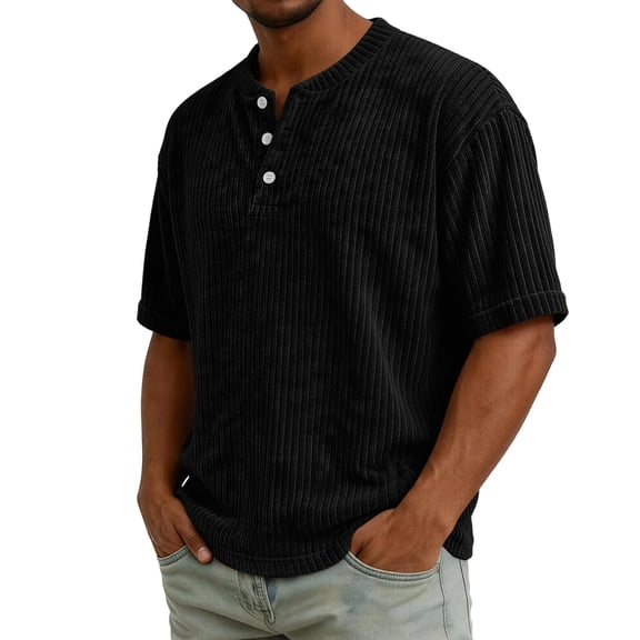 Domuza Mens Corduroy Henley Shirts Casual Short Sleeve Button Down Solid Tops Summer 2026 Trendy Soft Comfy Relaxed Fit T-Shirts Black 3XL