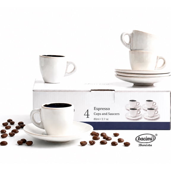Bacimi Espresso Cups and Saucers Set of 4 – 2.7oz Thick Barista Style Stoneware Cups, Blue Glaze Classic Italian Design, Ceramic Cups For Espresso, Macchiato, Doppio – Dishwasher and Microwave Safe