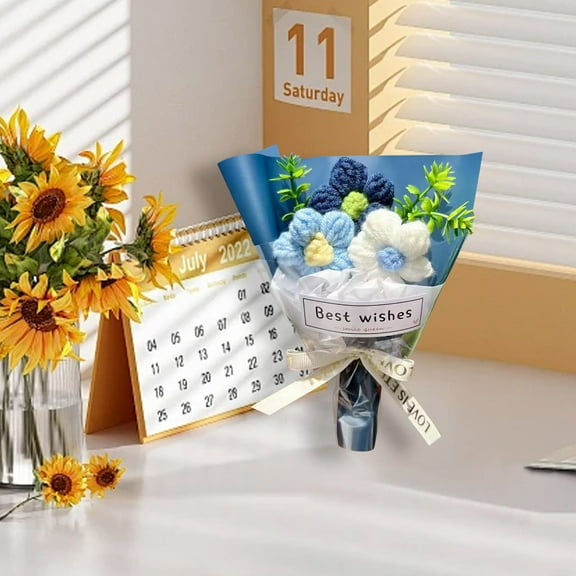 Mother's Day Gifts Preserved Flowers Knitted Flowers Artificial Flowers Knitted Floral Bouquet Crochet Roses Handmade Knitted Flowers Handmade Crochet Flowers Blue 3.94 Inch (1Pcs)