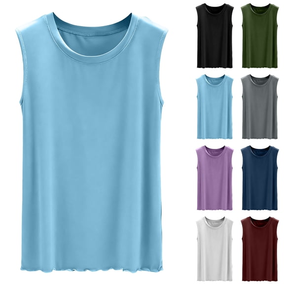 Otntypg Workout Tank Tops for Women Sleeveless Athletic Shirts Loose Fit Yoga Running T-Shirts Trendy Solid Color Crew Neck Basic Athletic Tees White L