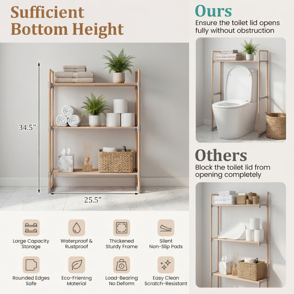 Hommoo 3-Tier Over-the-Toilet Storage Rack, Rustic Pine Wood Bathroom Organizer with Open Shelves, Gray