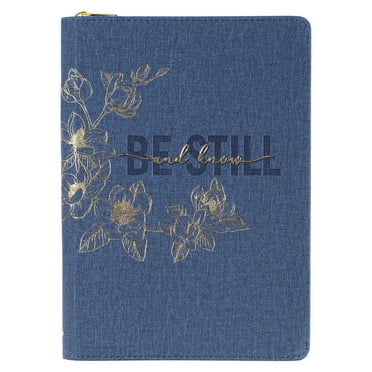 Classic Faux Leather Journal Be Still And Know Psalm 46:10 Navy Floral Inspirational Notebook, Lined Pages w/Scripture, Ribbon Marker, Zipper Closure