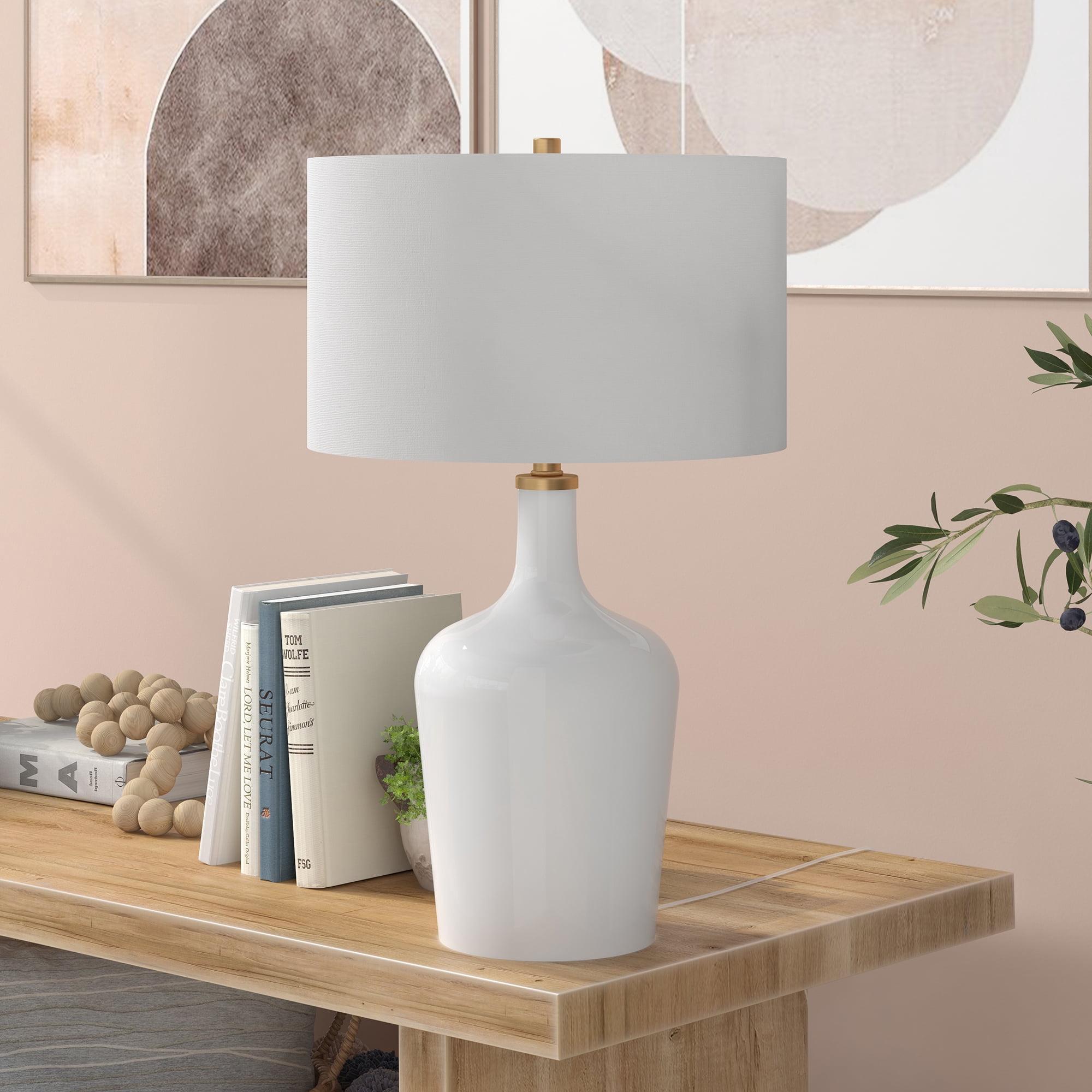 Evelyn&Zoe Sebago 25" Tall Table Lamp with Fabric Shade, White/White