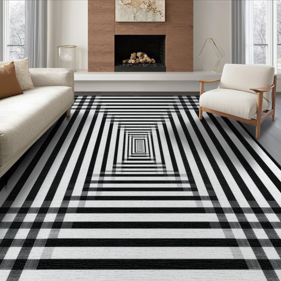 ODIKA 8'x10' Washable Area Rug Entryway Checkered Striped Bold Interlocking Block Bathroom Front for Dining Room, Large Office, Lounge, Non-Slip Chair-Friendly Mat