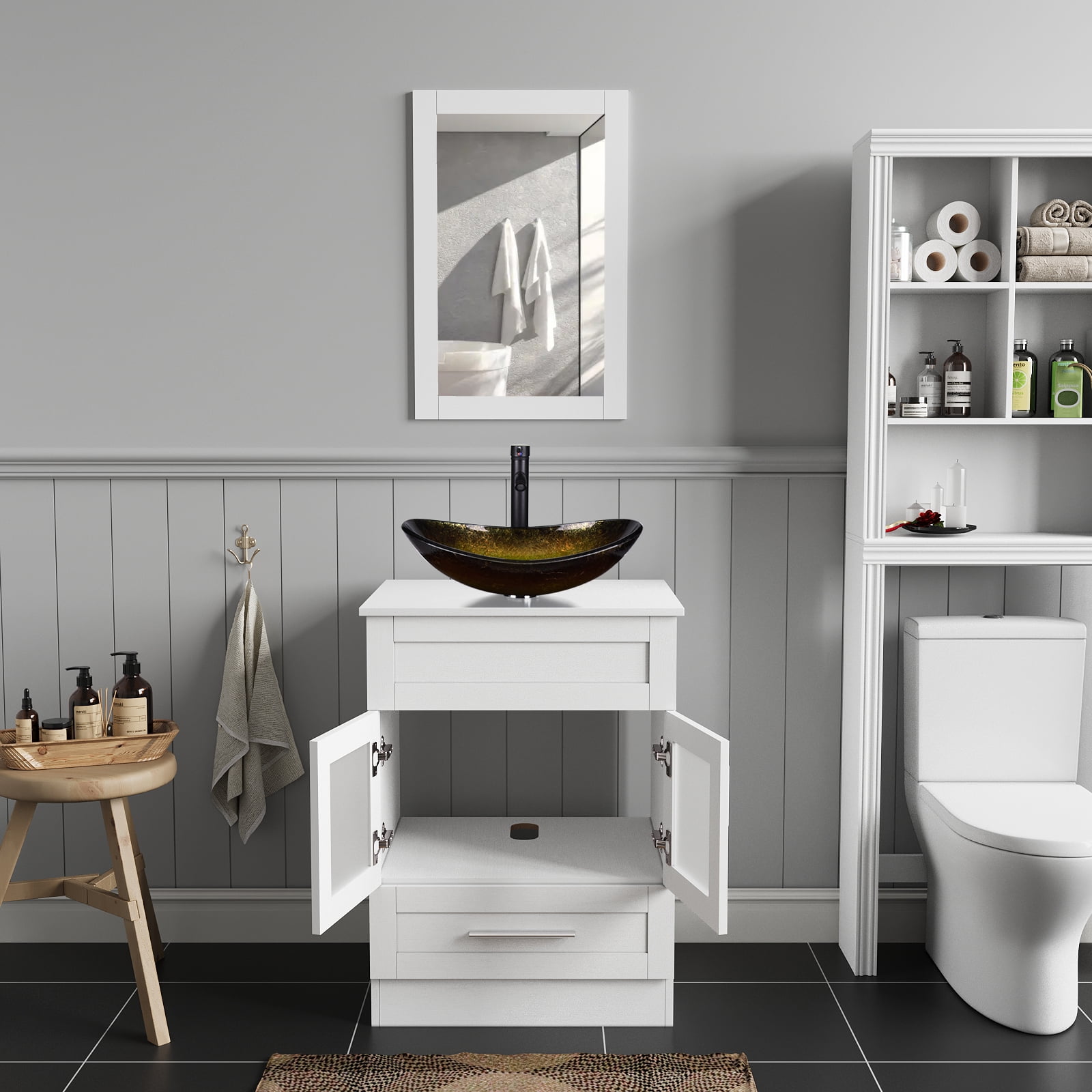 ELECWISH 24-Inch Bathroom Vanity in White with Mirror and Vessel Sink Set, Modern Stand Pedestal Cabinet with Glass Sink Set