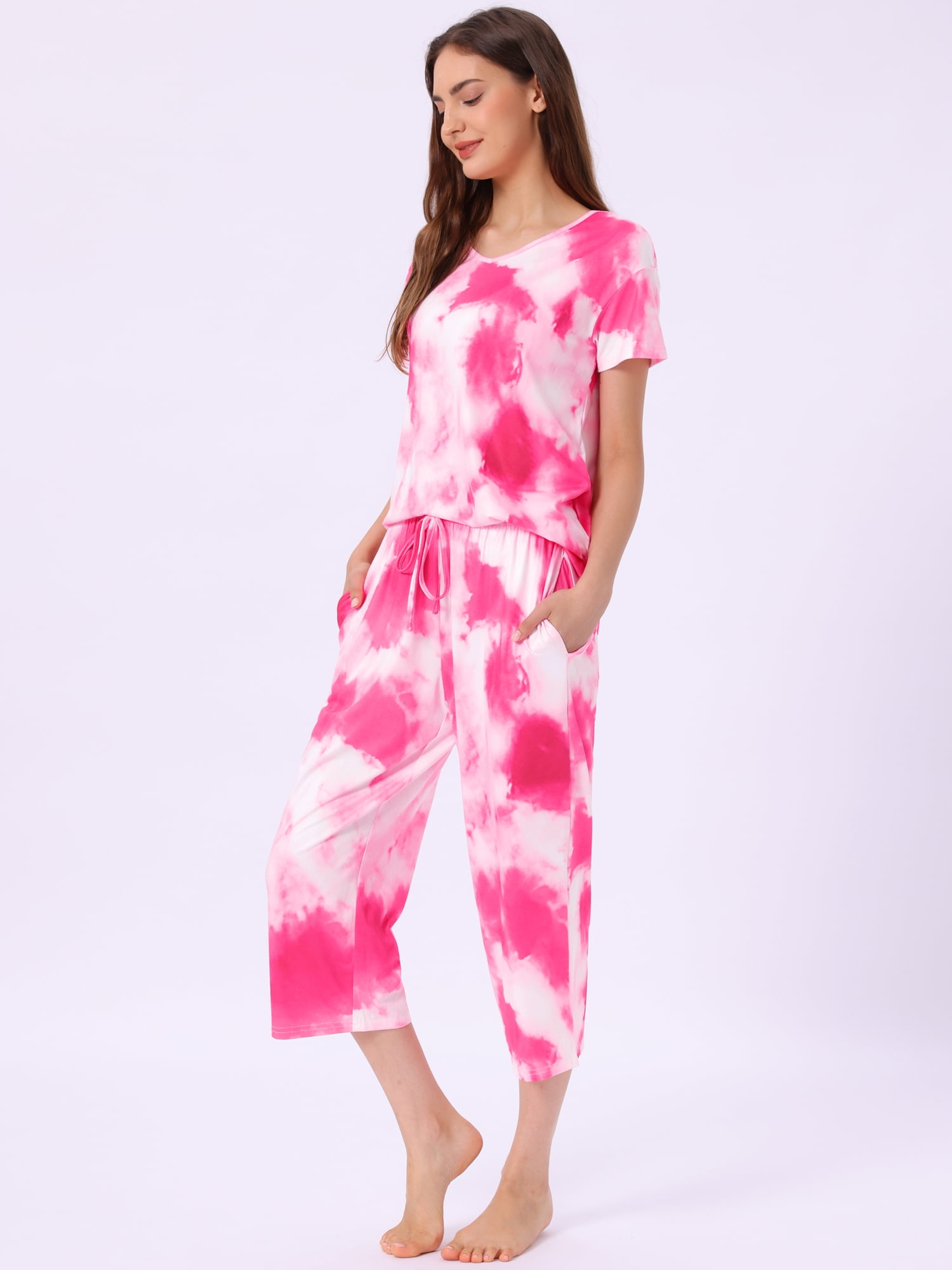 DARING DIVA Women's Short Sleeve Tie Dye Capri Pants with Pockets Loungewear 2XL Rose Red