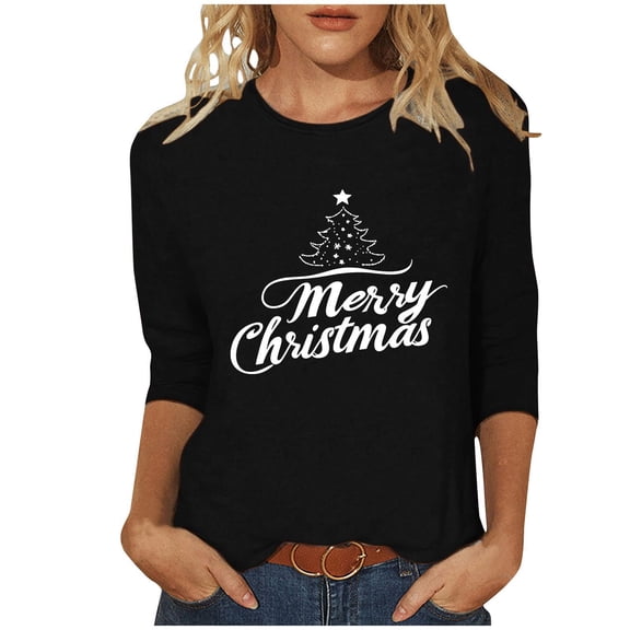 Fashion Fall Saving LiMoi Women's Christmas Tees with Merry Christmas Design Three Quarter Sleeve Round Neck Shirt for Gatherings Tops Tshirts My Items