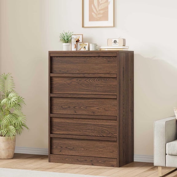 5-Drawer Tall Dresser for Bedroom – Modern Freestanding Wooden Chest of Drawers with Large Storage, Walnut Finish for Living Room, Hallway, Entryway