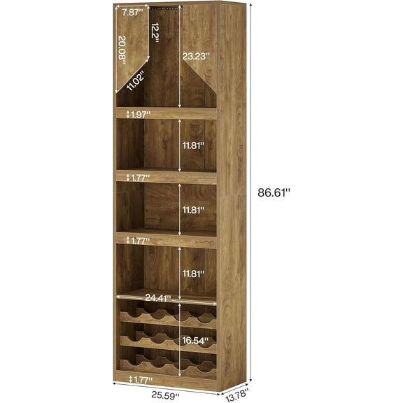 86.6" Tall Wine Bar Cabinet with Stripe Light, Farmhouse Home Bar Liquor Cabinet with Wine Racks and Open Shelves for Kitchen Dining Living Room