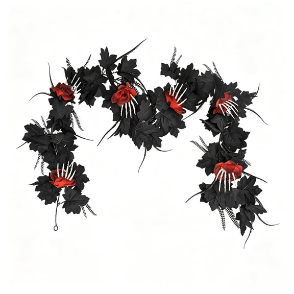 WWG Artificial Red Rose Vine with Skeleton Hands, Black Maple Leaves Halloween Decor, Flexible Wired Stems, Fade Resistant Plastic Flowers, Gothic Fall Decor for Indoor or Covered Outdoor