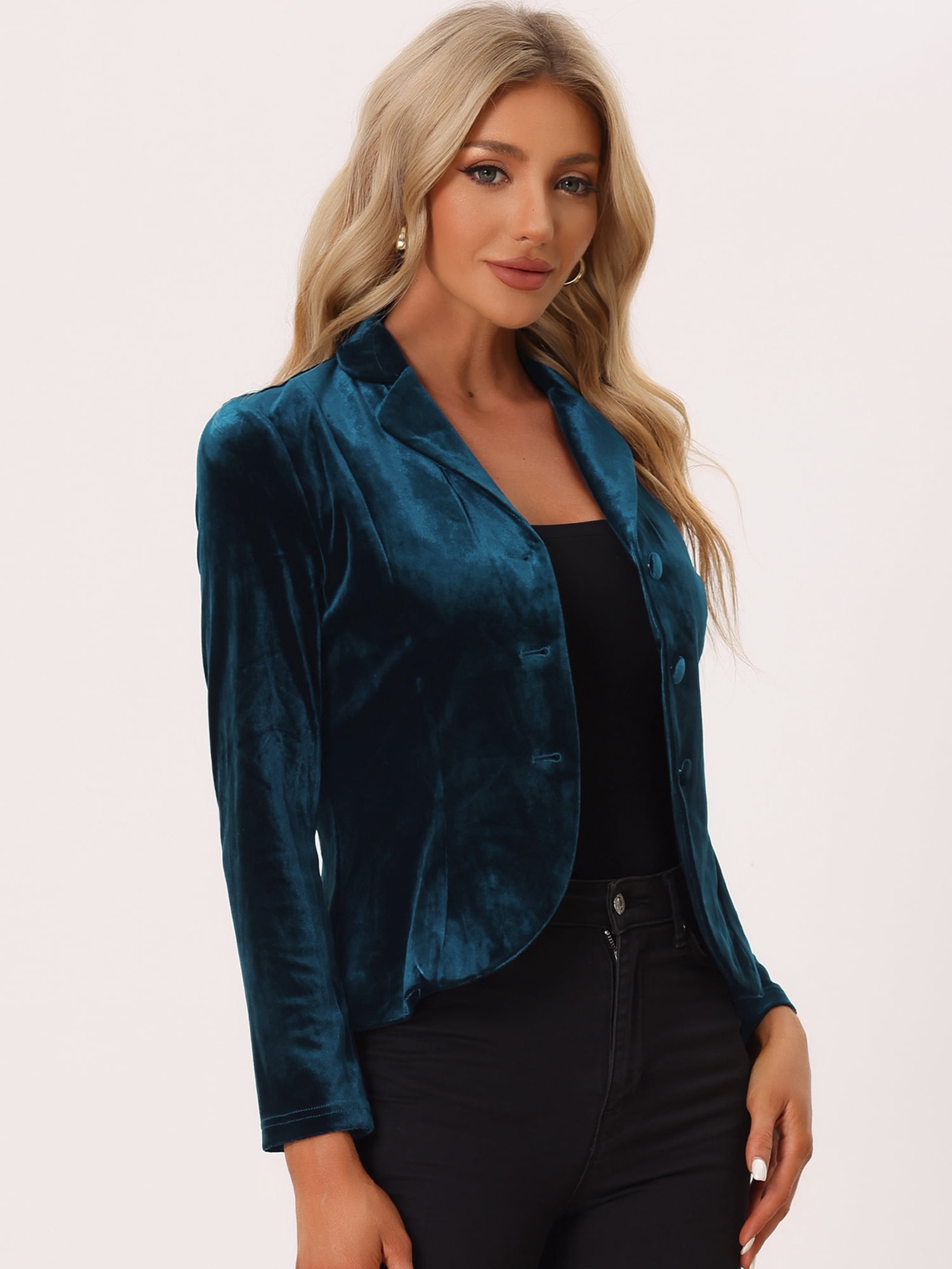 DARING DIVA Women's Notched Lapel Long Sleeve Office Velvet Blazer XL Peacock Blue