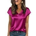 thumbnail image 2 of Women Silk Satin Cap Short Sleeve Blouse Tops V Neck Shirts Business Casual Tshirts Hot Pink M, 2 of 6