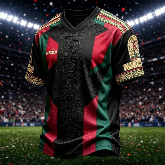Mexico 2026 Soccer Cup Style V-Neck Jersey for Men, Short Sleeve Breathable Top with Vintage Totem & Sun Stone Graphic, Lightweight Athletic Shirt, 1 PC Black L