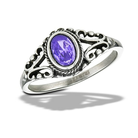 Bali Style Simulated Amethyst Ring Stainless Steel Band Purple Cubic Zirconia Jewelry Female Size 10