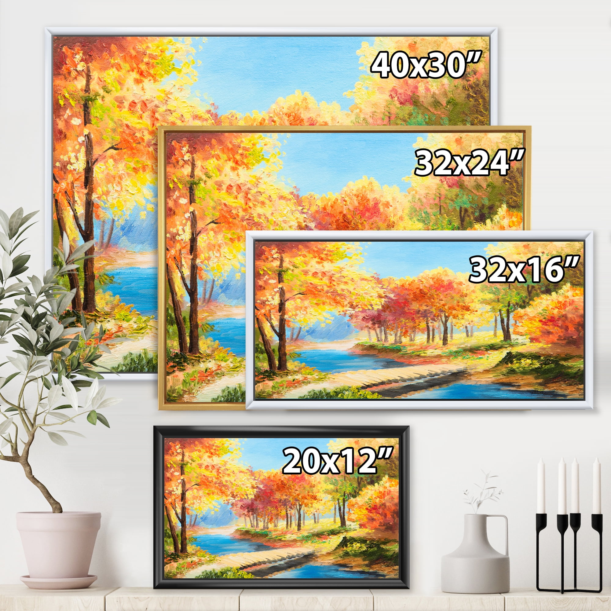 Designart 'Orange and Yellow Trees By The Riverside' Lake House Framed Canvas Wall Art Print