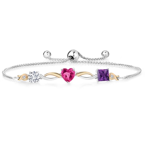 Gem Stone King Keren Hanan 1.95 Ct E-F Lab Grown Diamond Pink Created Sapphire 925 Silver and 10K Yellow Gold Bracelet for Women