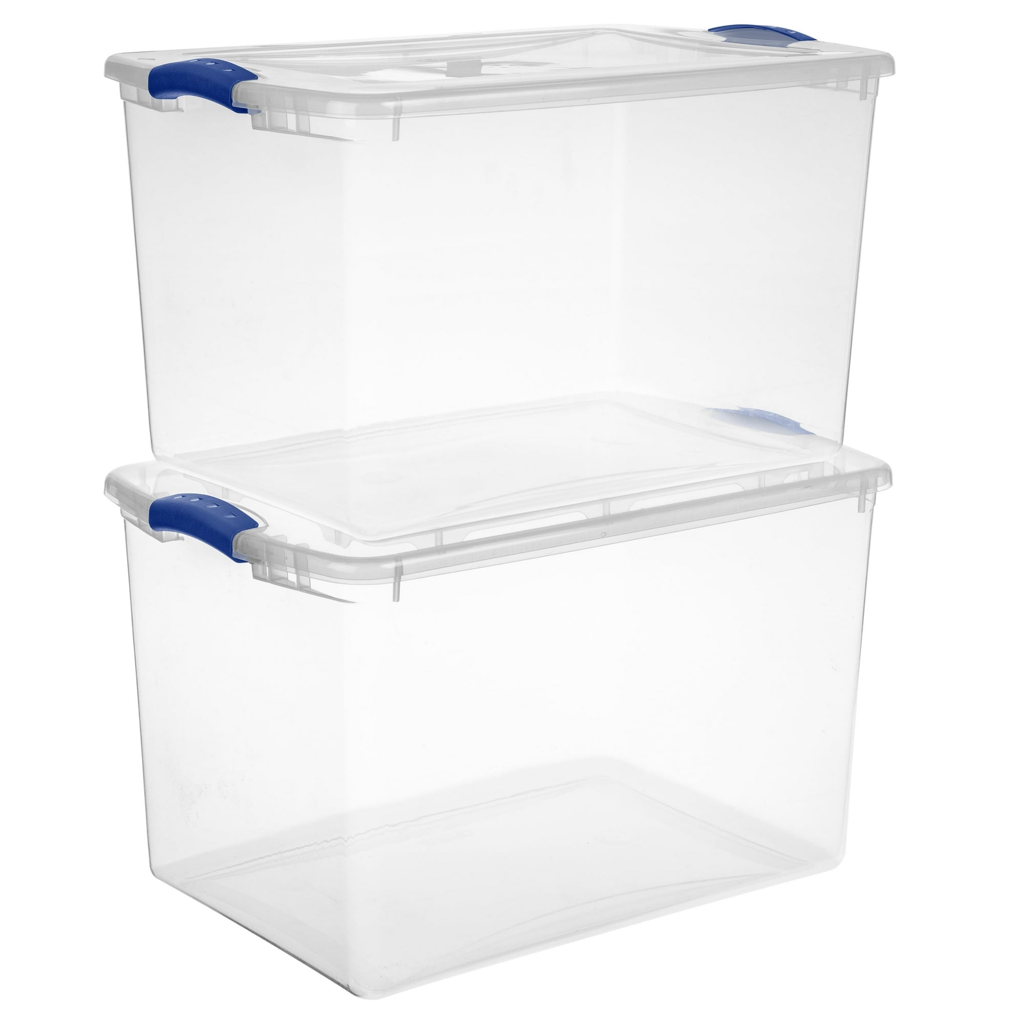 (2 pack) Sterilite Large Latching Storage Bin, 66 Quart Clear Plastic Storage Container with Latch Lid, Blue, 6 Pack