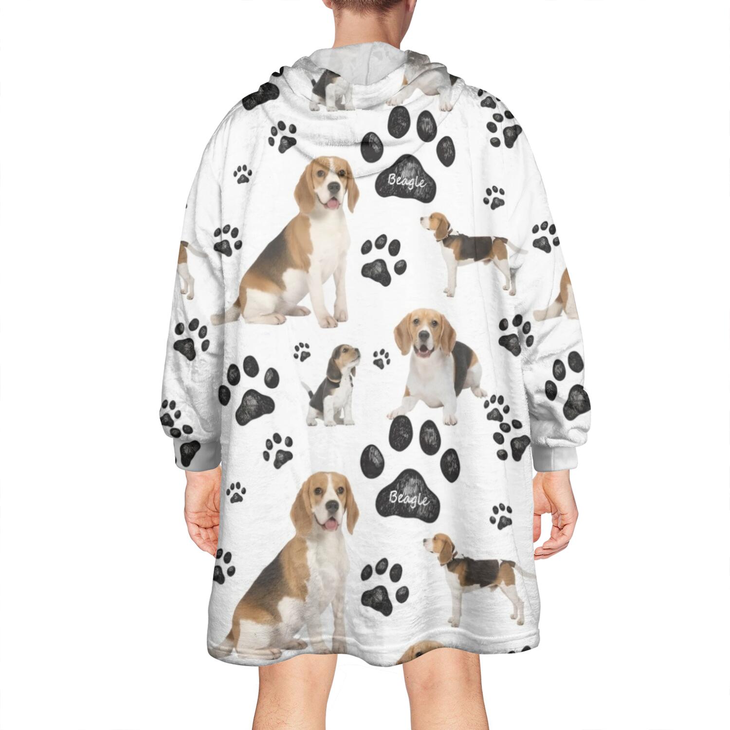 Beagle Dog and Footprints Wearable Oversized Blanket,Wearable Blanket Hoodie for Adults,Cozy Hooded Blankets with Super Pockets,Super Warm Fuzzy Pullover for Women & Men