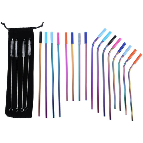 16 Pack Rainbow Color Reusable Metal Straws with Silicone Tip Colored Long Stainless Steel Drinking Straw