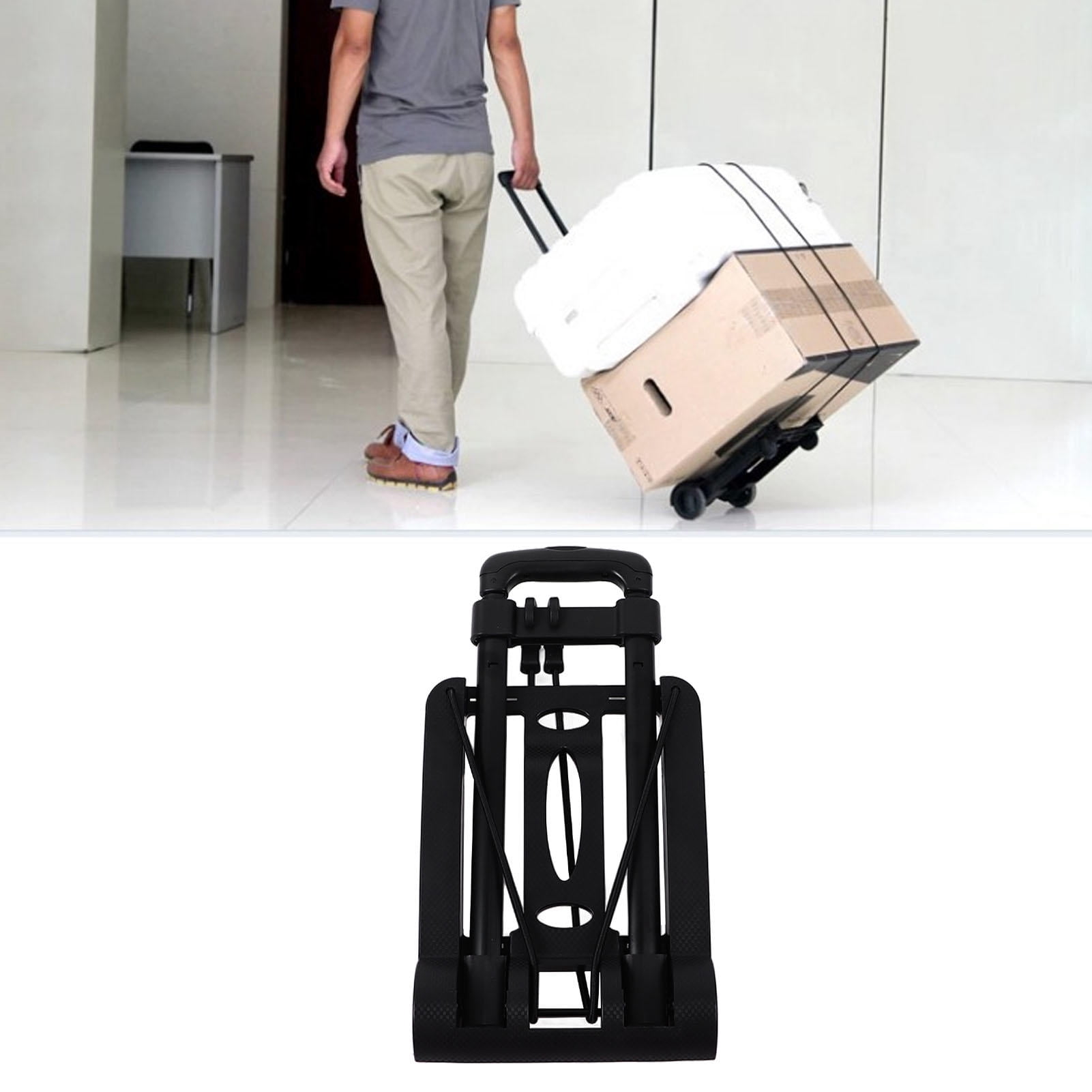 YAHHU Folding Hand Truck Retractable Tie Rod Multifunctional Large Capacity Portable Luggage Hand Cart for Travel Shopping Heavy Duty Cart with Durable Wheels - Black (17.32 inches / 44 cm)
