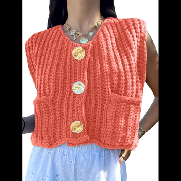 Cárdigan Corto de Punto Sin Mangas para Mujer 2025, Suéter Informal de Crochet con Botones y Bolsillos Naranja M