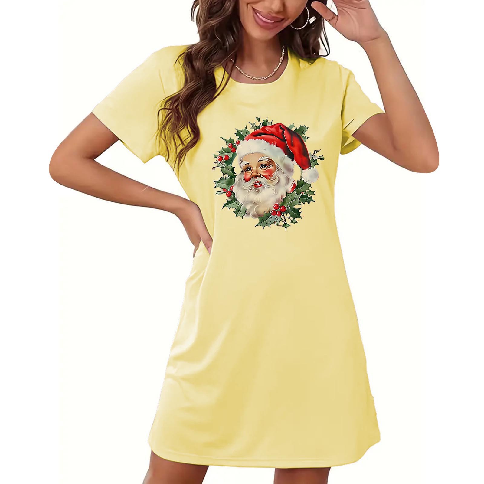 Sakmal Yellow Nightgowns Women Cute Cloud-Like Christmas Loungewear Short Short Sleeve Santa Claus Print Crew Neck Nightgowns S-2XL
