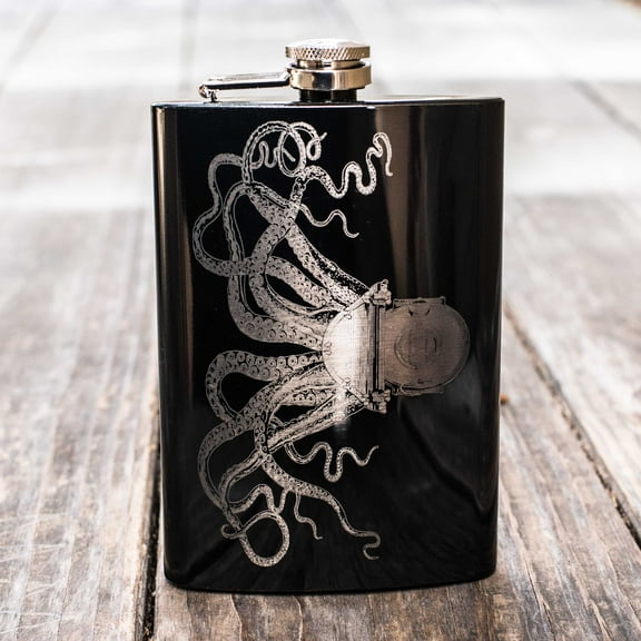 Hip Flask Plus 8oz BLACK Steampunk Octopus Flask - Leak-Proof