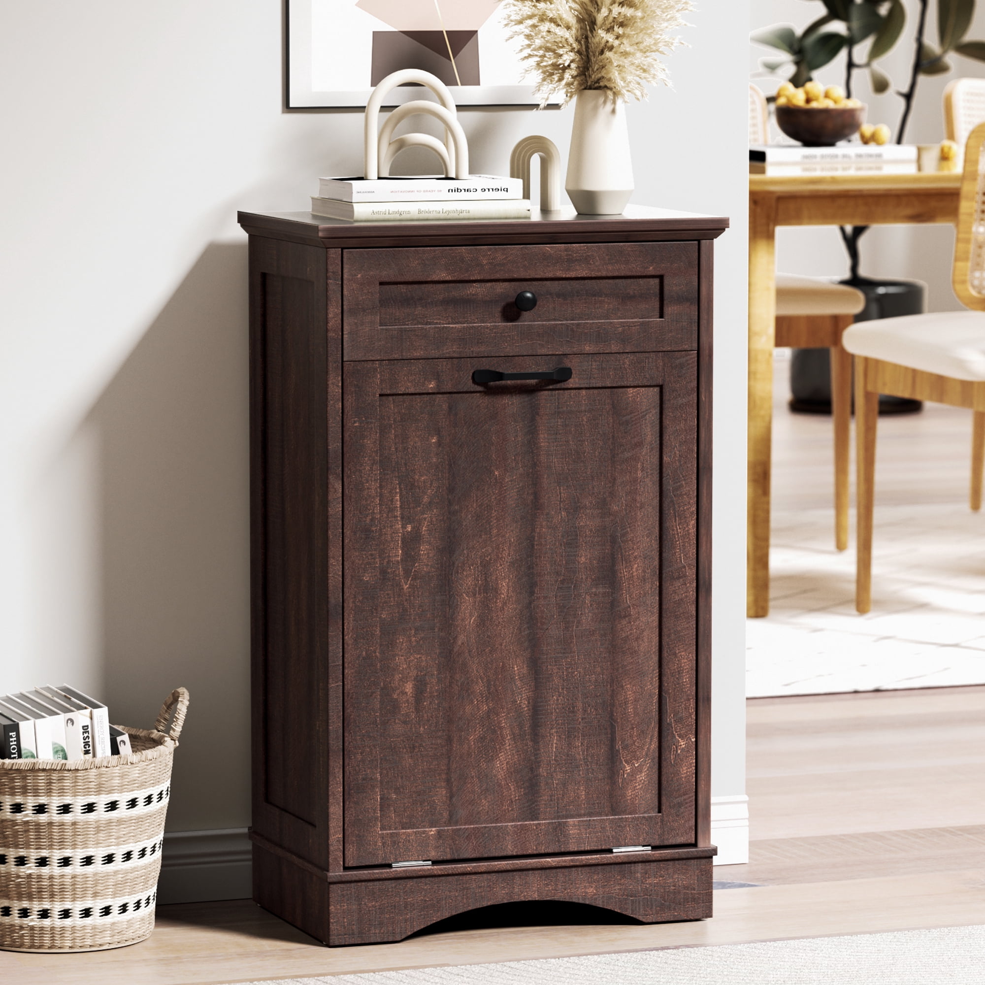 AHB 13 Gallon Tilt Out Kitchen Trash Cabinet with Drawer, Single Trash Can Storage Organizer, 20.9"L x 13.55"W x 38.5"H , Brown