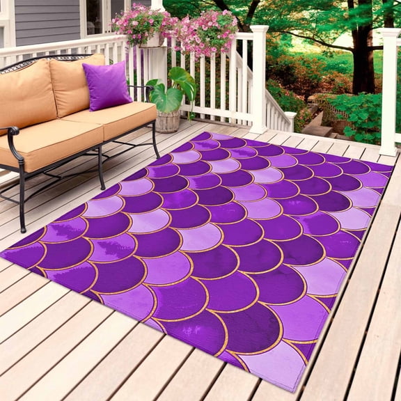 Purple Fish Scale Outdoor Rug for Patio/Deck/Porch, Non-Slip Large Area Rug 5 x 8 Ft, Modern Geometric Ombre Abstract Moroccan Indoor Outdoor Rugs Washable Area Rugs, Camping Rug Carpet Runner