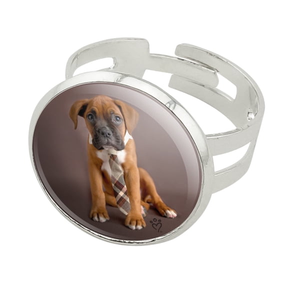 Boxer Puppy Dog Sitting with Tie Silver Plated Adjustable Novelty Ring