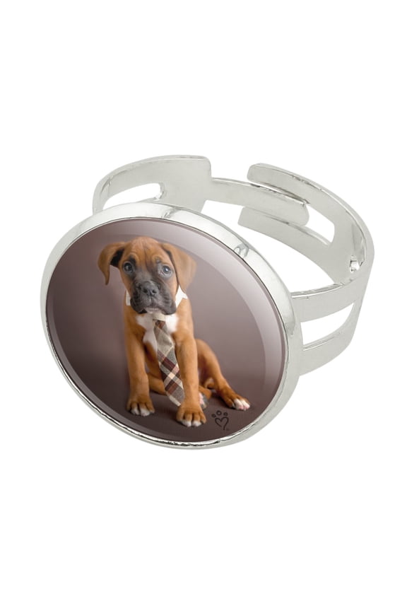 Boxer Puppy Dog Sitting with Tie Silver Plated Adjustable Novelty Ring