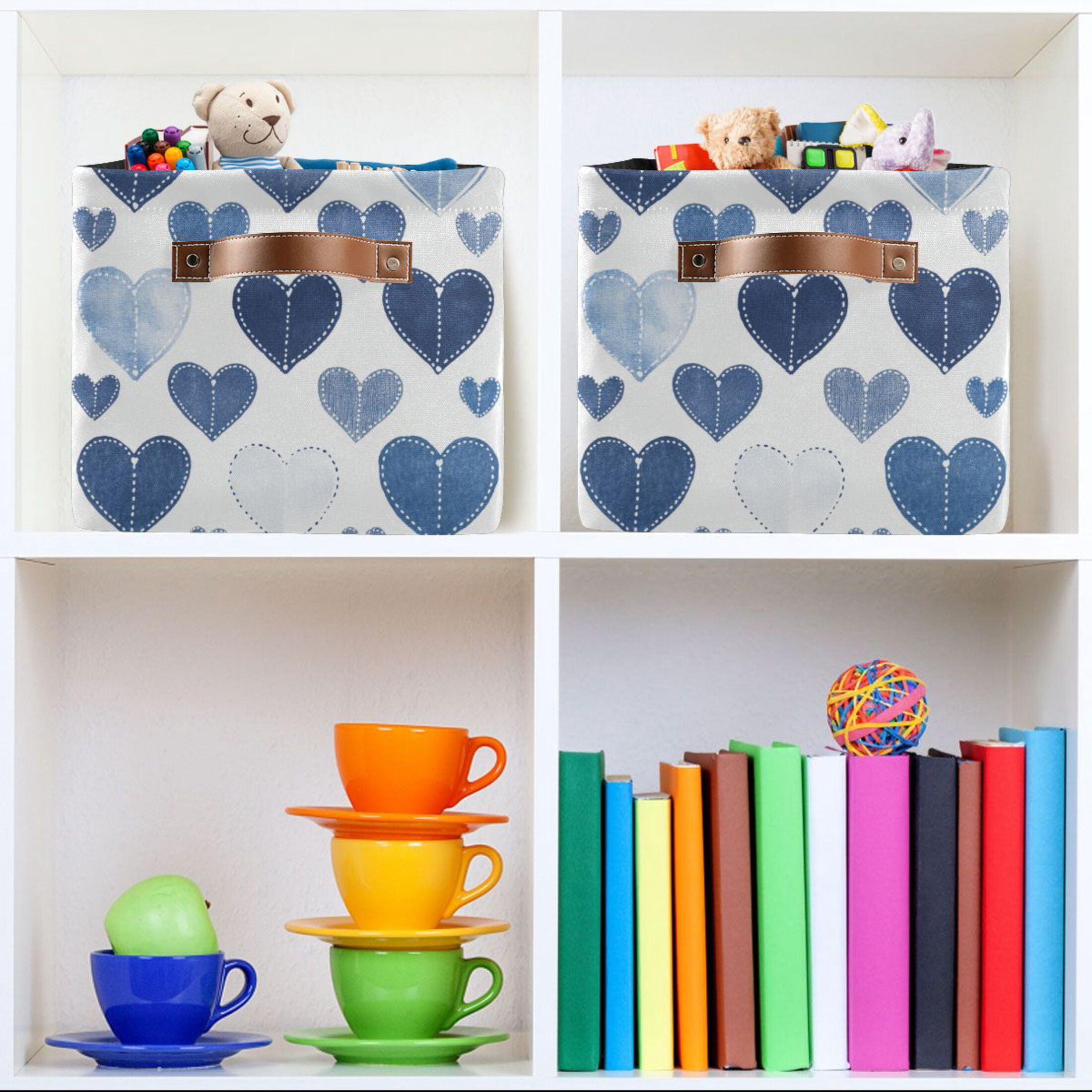 Denim Heart Pattern Foldable Storage Basket,Canvas Fabric Foldable Storage Bins with Handles Open Home Storage Bins Boxes for Toy Book Shelf Closet Baskets