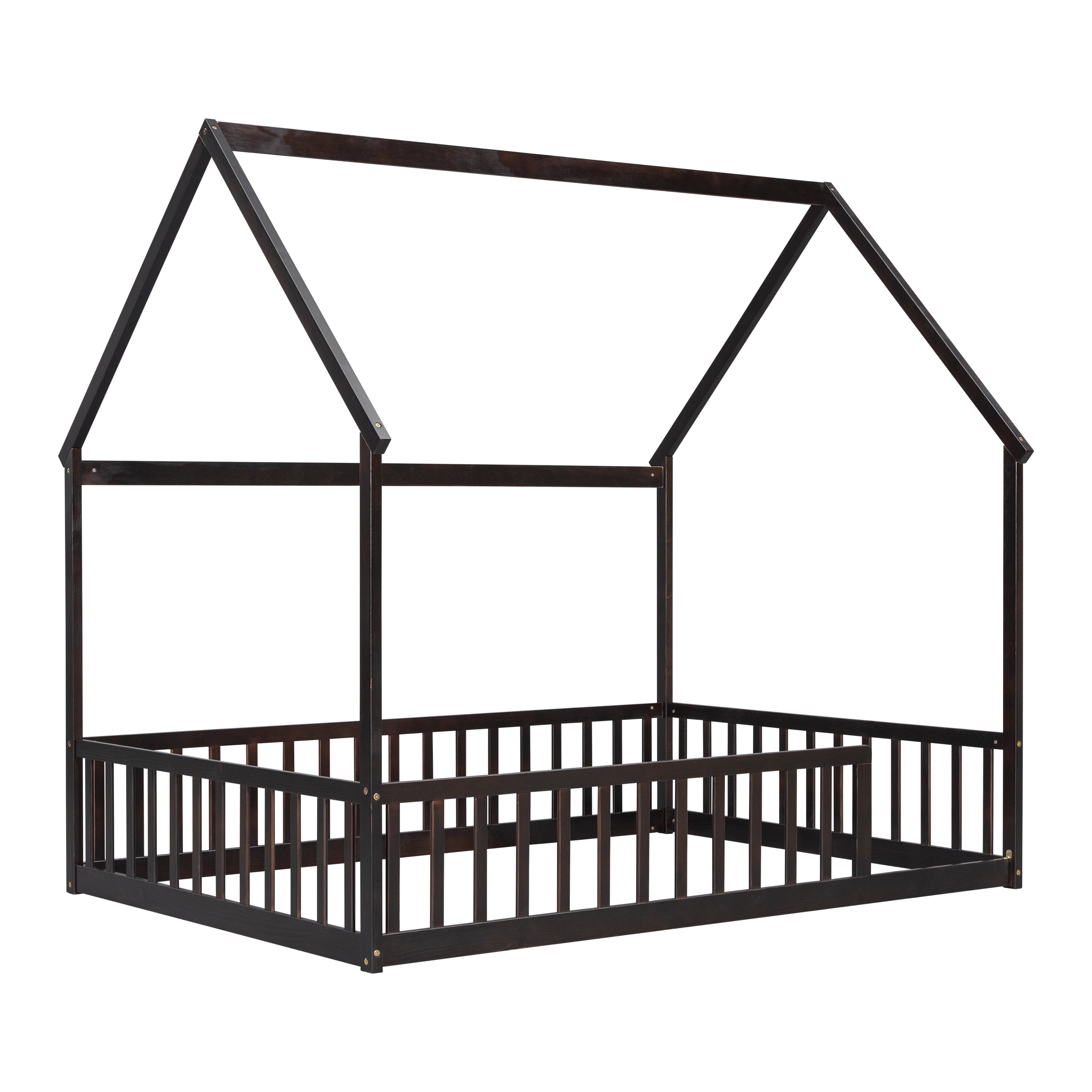 Full Size House Floor Bed with Full Surround Safety Fence, Solid Pine Wood Montessori Kids Playhouse Bed Frame Max 300 LBS No Box Spring Needed for Toddler Bedroom Nursery